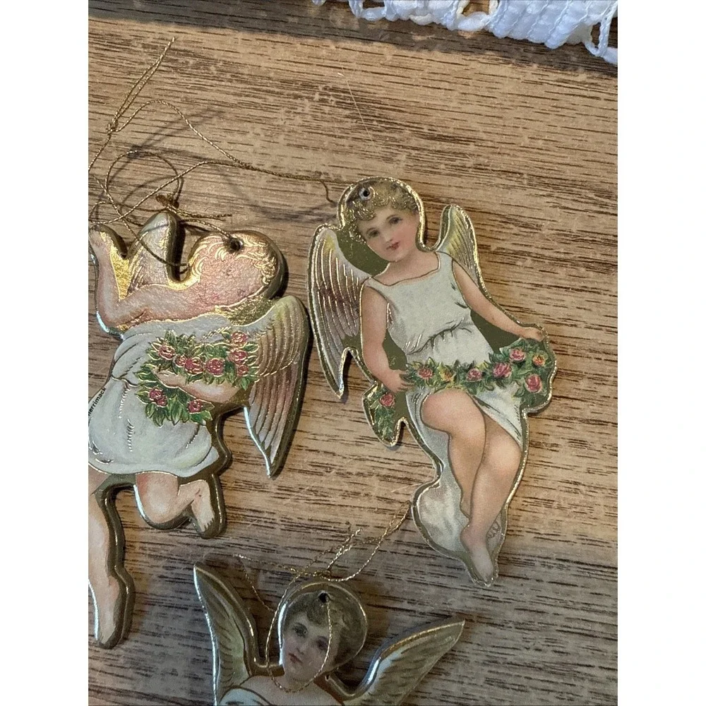 3 Pc Victorian Style Die Cut Angel Christmas Ornaments 1979 Merrimack Paper Gold